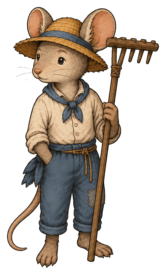 Country Mouse Studio 마스코트 — 밀짚모자를 쓰고 쟁이를 든 쥐